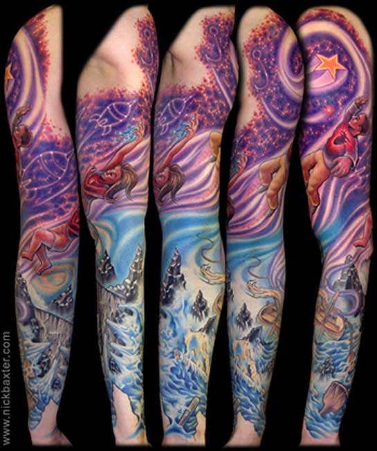 Colored Water Fantasy Tattoo On Arm Sleeve
