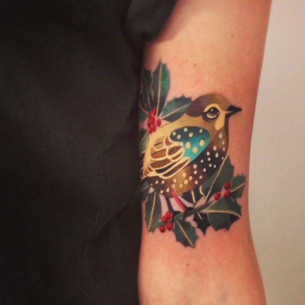 Colorful Bird Tattoo Design For Inside Elbow