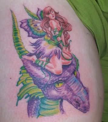 Colorful Fantasy Fairy With Dragon Tattoo On Shoulder