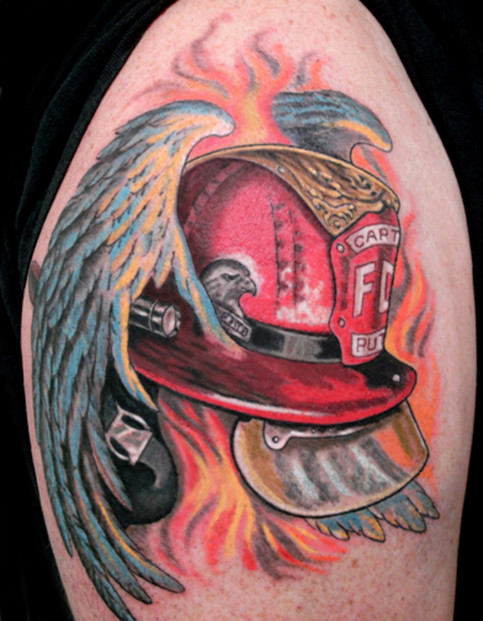 Colorful Firefighter Helmet With Wings Tattoo Design For Shoulder