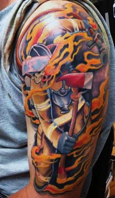 Colorful Firefighter In Frame Tattoo On Left Half Sleeve
