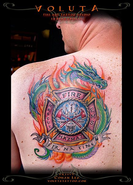 Colorful Firefighter Logo With Dragon And Banner Tattoo On Left Back Shoulder