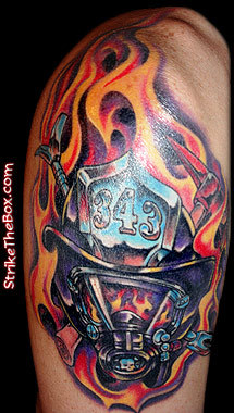 Colorful Firefighter Mask In Flame Tattoo Design For Shoulder