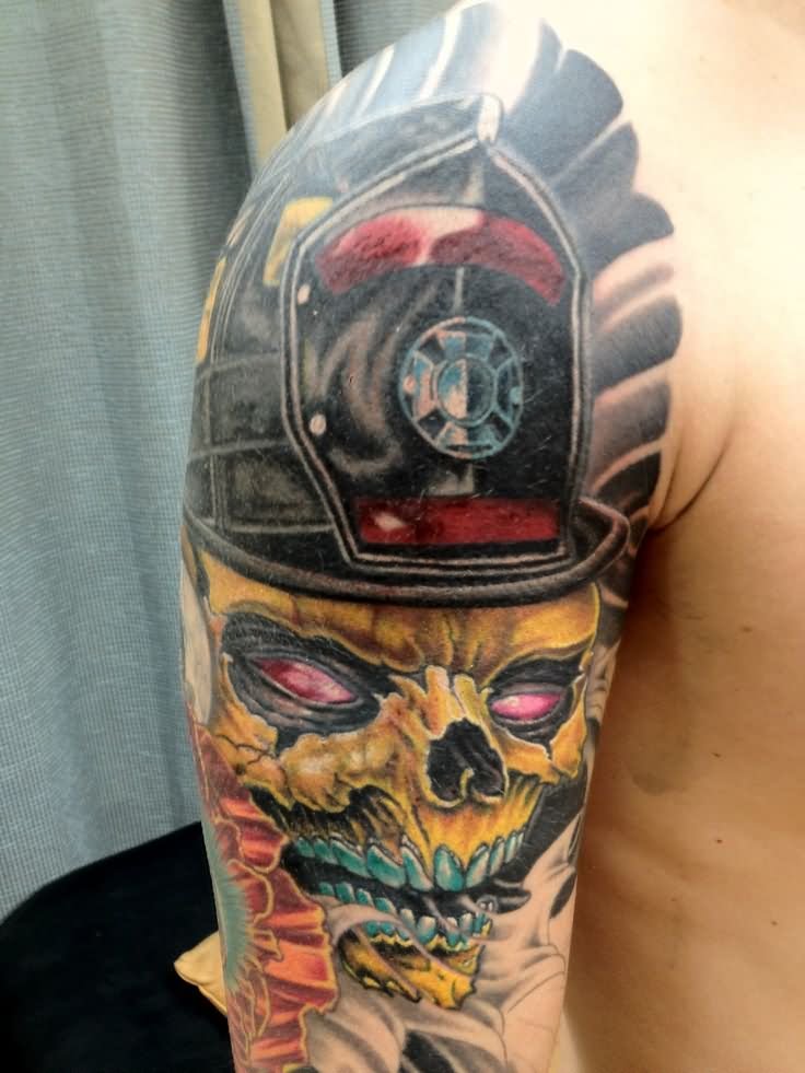 Colorful Firefighter Skull Tattoo On Man Right Half Sleeve