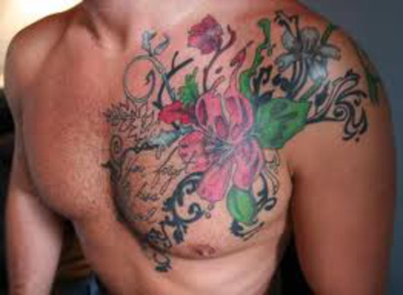 Colorful Floral Tattoo Design For Men Chest