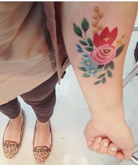 Colorful Floral Tattoo On Girl Left Forearm