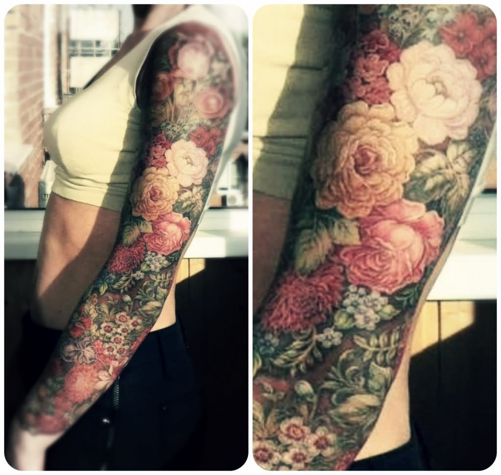 Colorful Floral Tattoo On Girl Left Full Sleeve