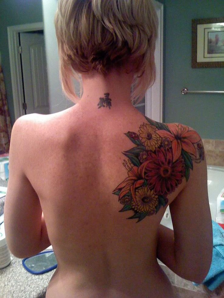 Colorful Floral Tattoo On Girl Right Back Shoulder
