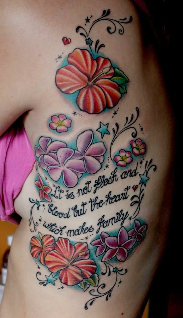Colorful Floral Tattoo On Girl Side Rib