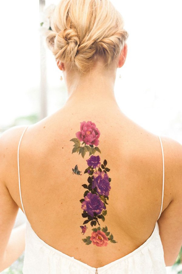 Colorful Floral Tattoo On Girl Upper Back