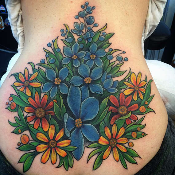 Colorful Floral Tattoo On Lower Back