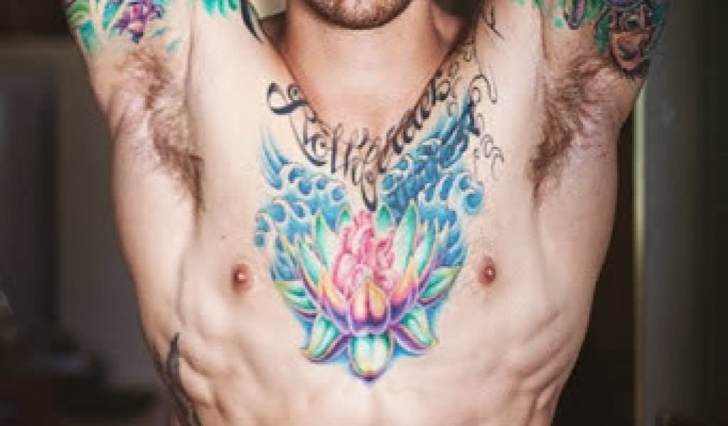 Colorful Floral Tattoo On Man Chest