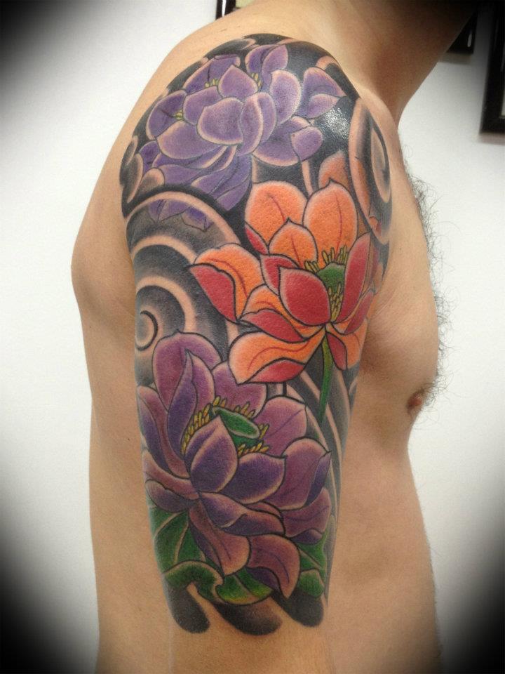 Colorful Floral Tattoo On Man Right Half Sleeve