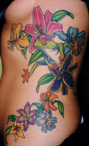 Colorful Floral Tattoo On Side Rib