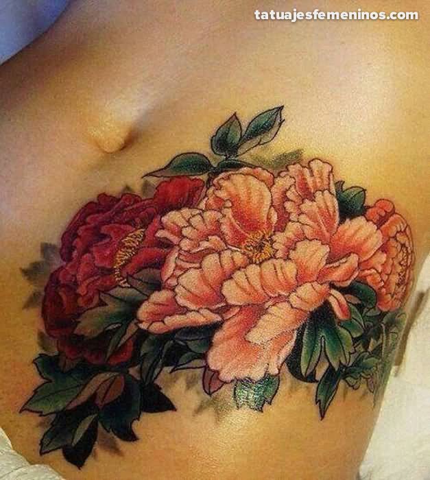 Colorful Floral Tattoo On Stomach By Roman Kuznetsov