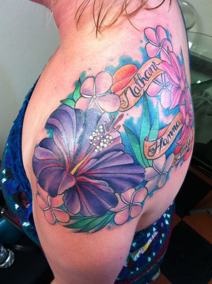 Colorful Floral With Banner Tattoo On Left Shoulder