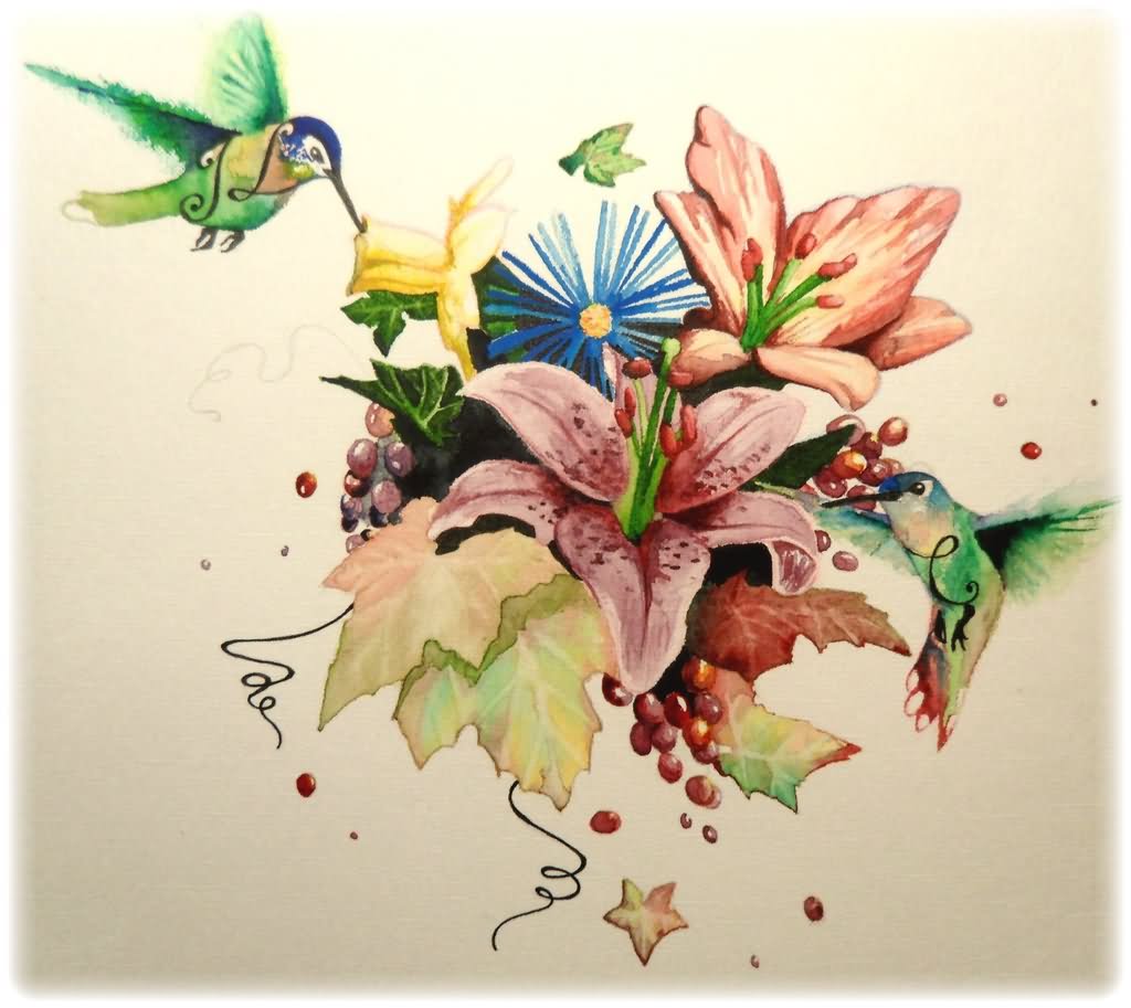 Colorful Floral With Flying Birds Tattoo Design By Ruben Fernandez