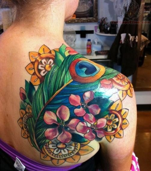 Colorful Floral With Peacock Feather Tattoo On Girl Right Back Shoulder