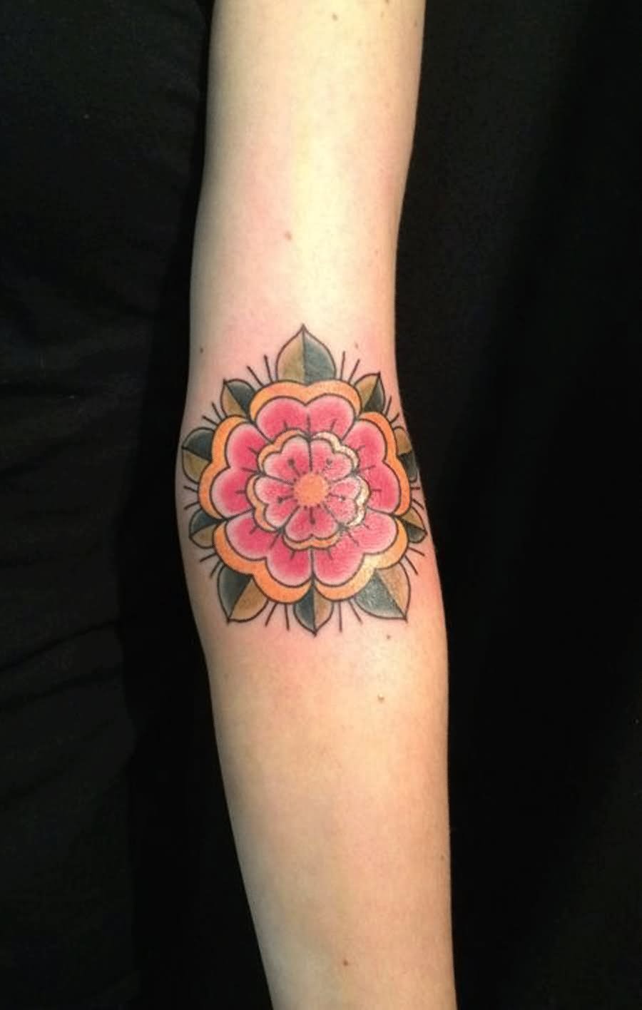 Colorful Flower Tattoo On Inside Elbow