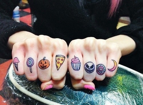 Colorful Halloween Tattoo On Both Hand Finger