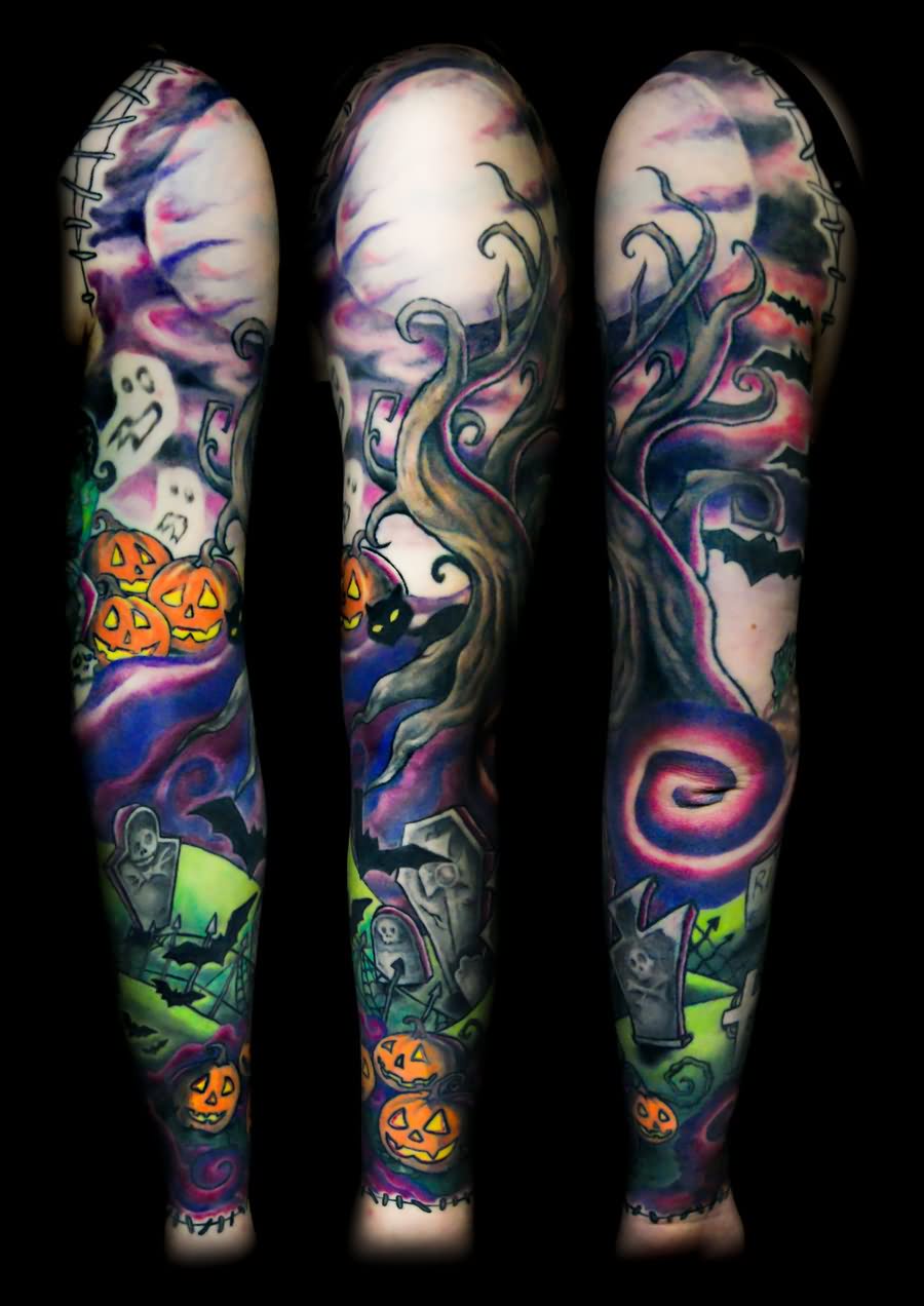 Colorful Halloween Tattoo On Full Sleeve