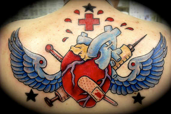 Colorful Real Heart Medical Symbol Tattoo Design For Men Upper Back