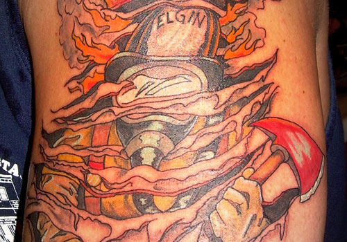 Colorful Ripped Skin Firefighter Tattoo Design