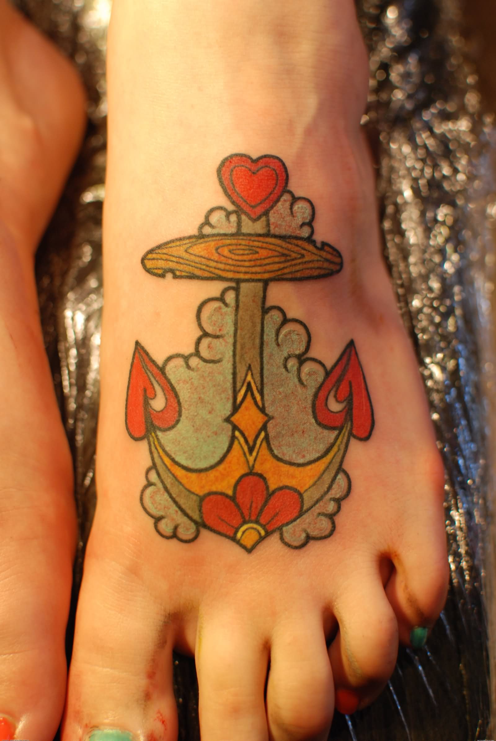 Colorful Sailor Anchor Tattoo On Girl Foot