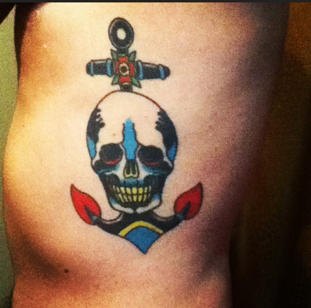 Colorful Sailor Anchor With Skull Tattoo Design For Side Rib