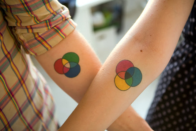 Colorful Three Circle Tattoo On Couple Forearm