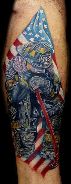 Colorful USA Flag With Firefighter Tattoo Design