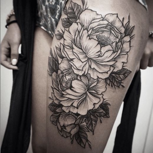 Cool Black And White Floral Tattoo On Girl Left Thigh