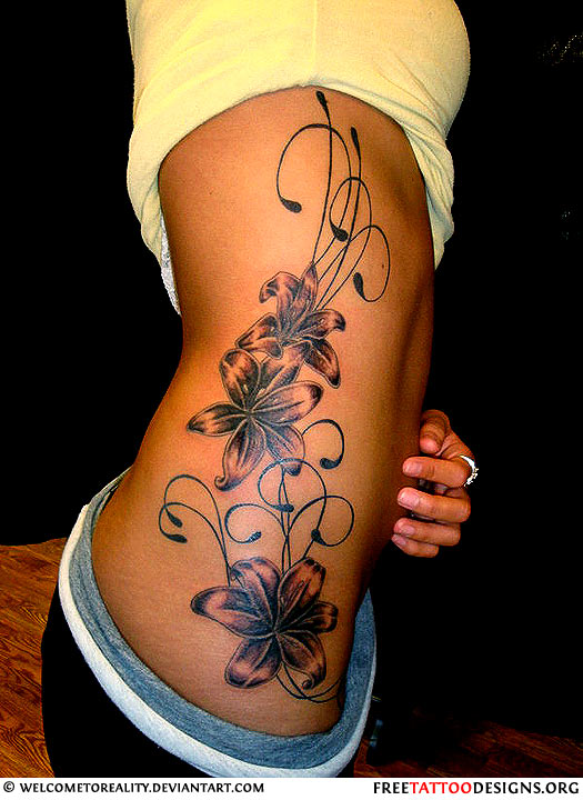 Cool Black Ink Floral Tattoo On Girl Side Rib