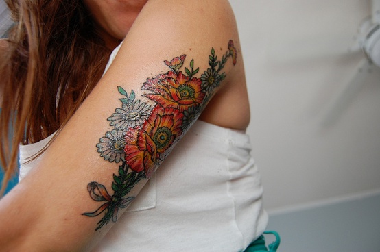 Cool Colorful Floral Tattoo On Girl Left Arm