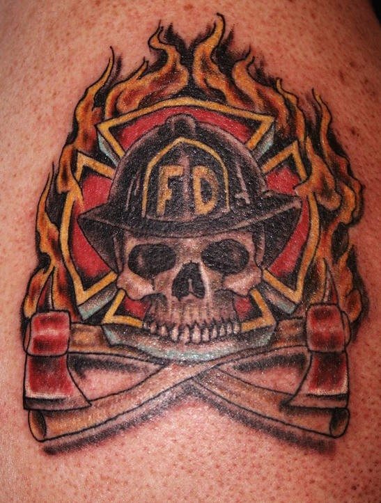 Cool Firefighter Skull With Two Crossing Axe Tattoo Design