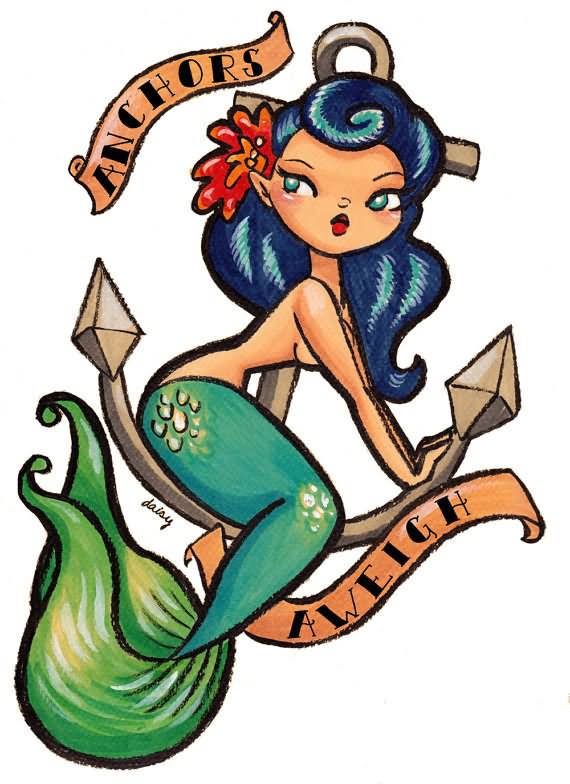 Cute Sailor Mermaid With Anchor And Banner Tattoo Design