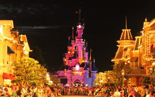 Disneyland Paris Castle And Main Market At Night
