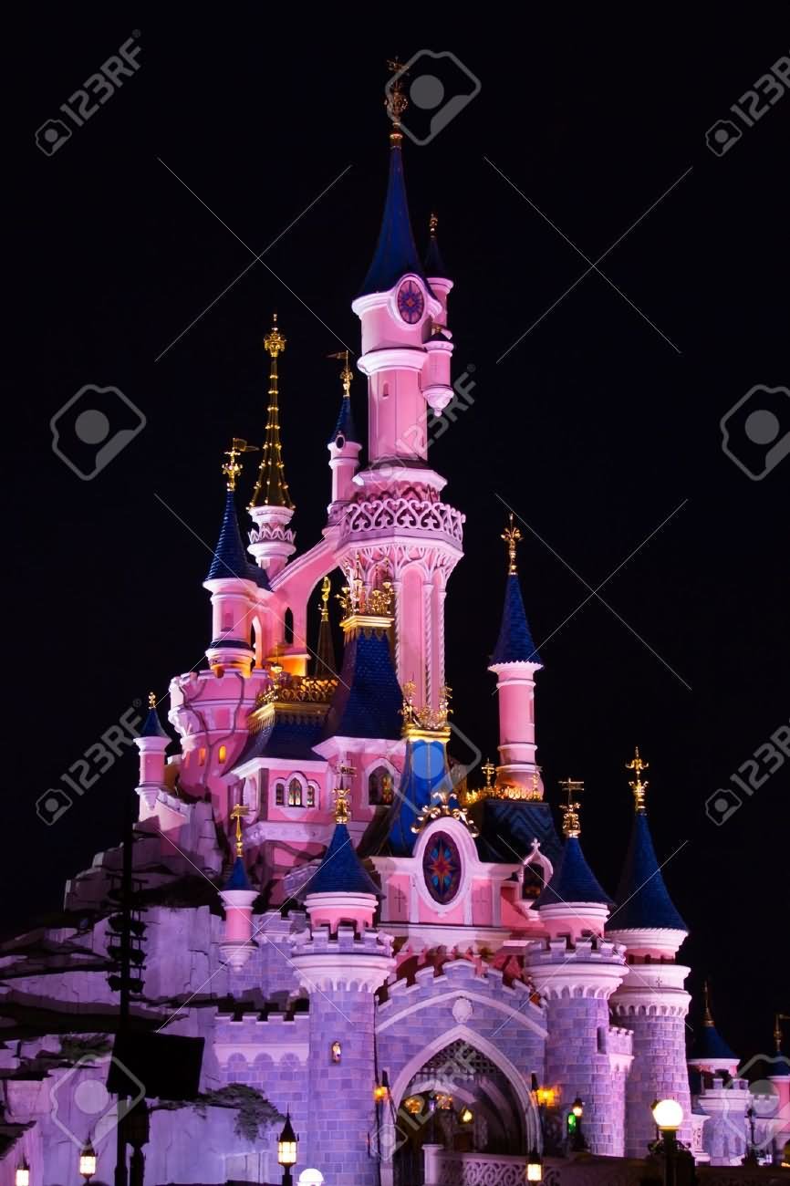 Disneyland Paris Castle Illuminated At Night