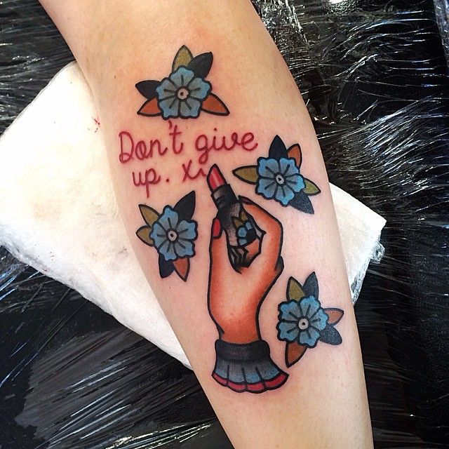 Don't Give Up Traditional Lipstick Tattoo On Sleeve