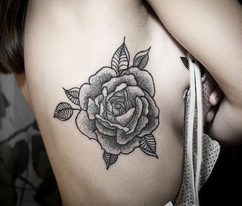 Dotwork Black And White Floral Tattoo On Girl Side Rib