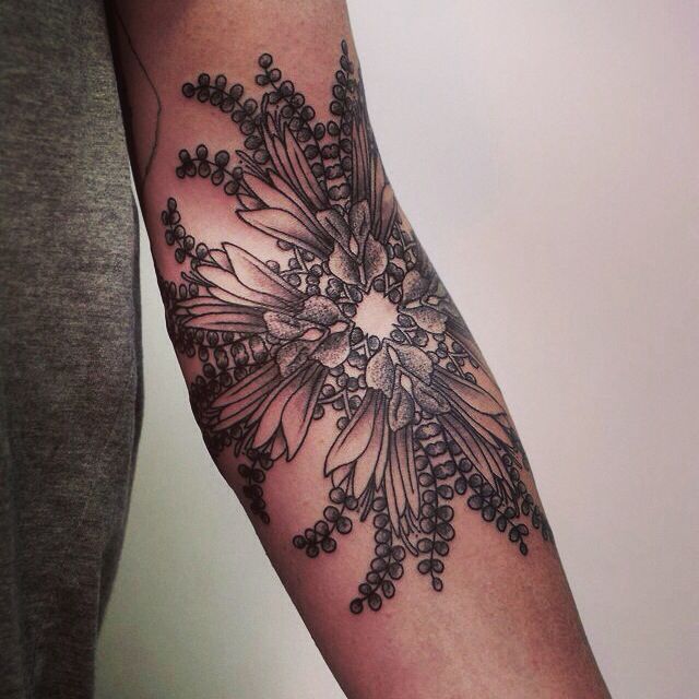 Dotwork Flower Tattoo On Inside Elbow
