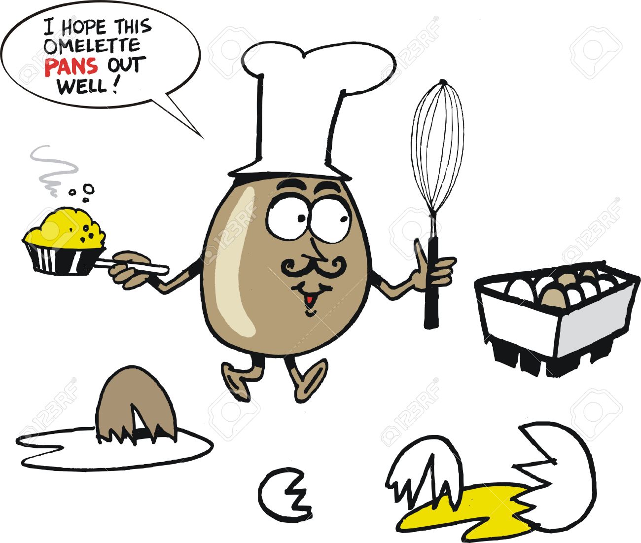 Egg Cartoon Chef With Omelet Pans Funny Picture