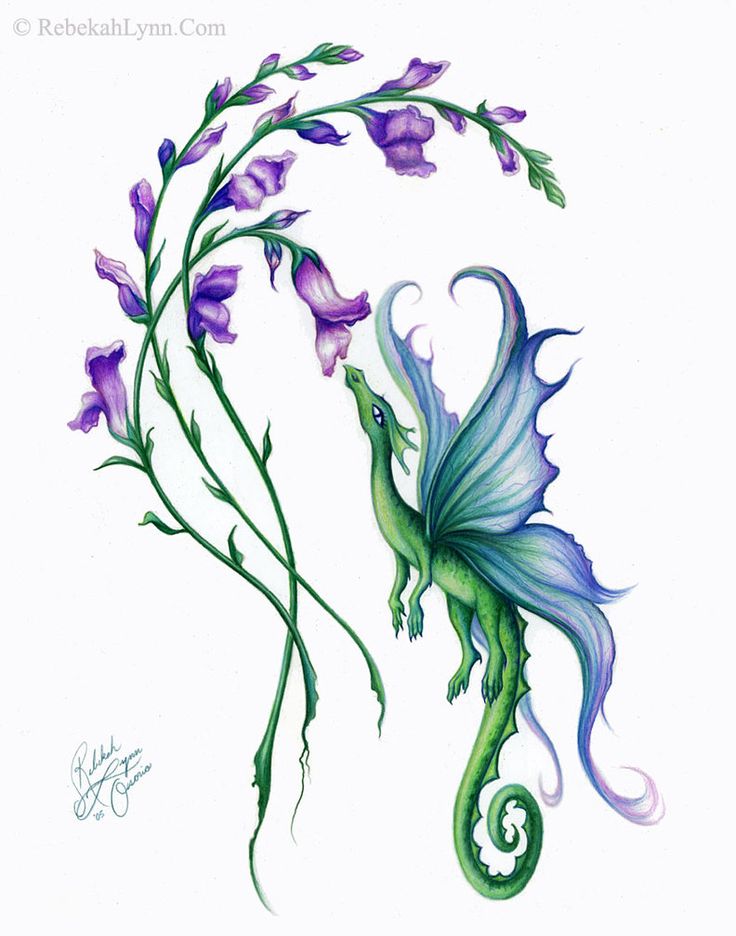 Fantasy Dragon And Flowers Tattoo Design