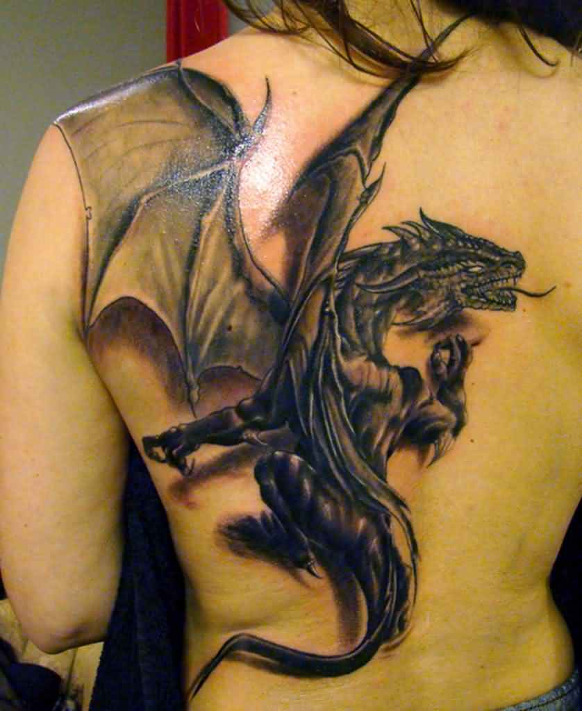 Fantasy Dragon Tattoo On Girl Full Back