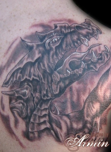 Fantasy Dragon Tattoo On Right Back Shoulder