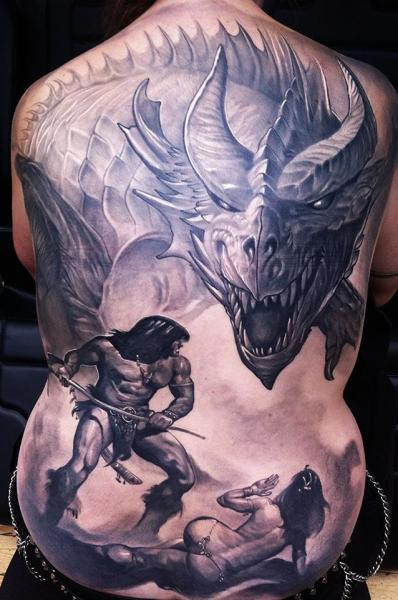 Fantasy Dragon Warrior Tattoo On Back By Reinkamation