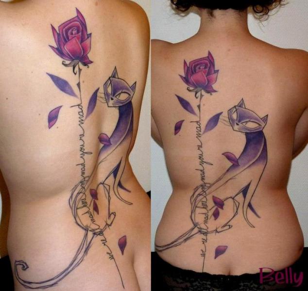 Fantasy Flower And Cat Tattoo On Back