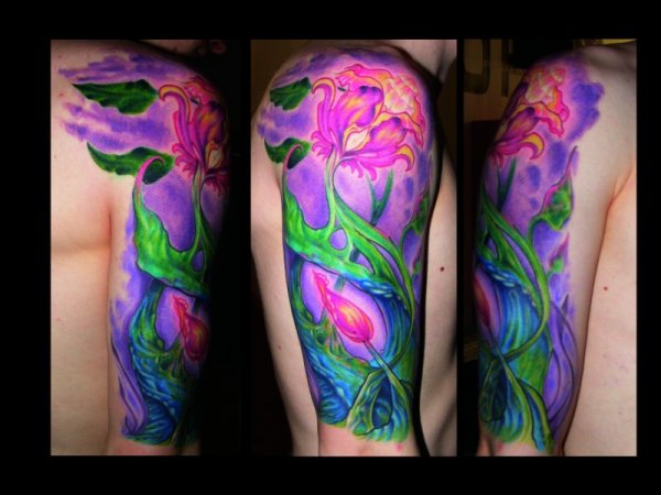 Fantasy Flower Tattoo On Half Sleeve