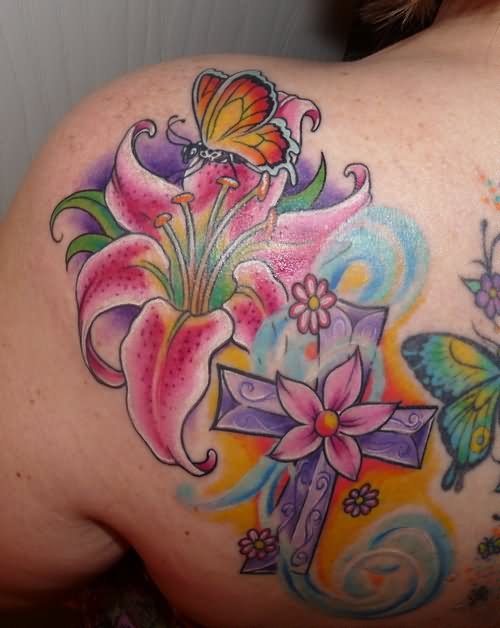 Fantasy Flower Tattoo On Left Back Shoulder