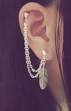 Feather Ring Chain Piercing On Right Ear